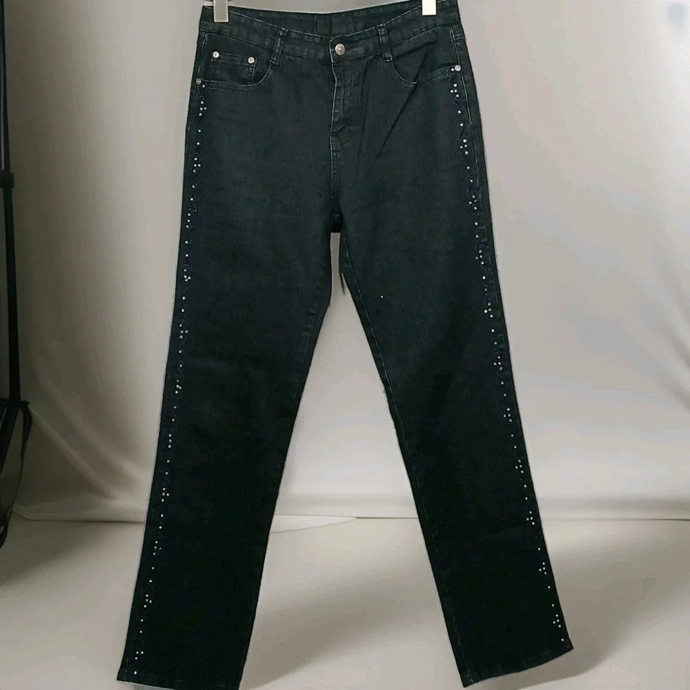 Cos Jeans Women's Mid Rise Straight Leg Blue‎ Denim Embellished Rhinestone Bling